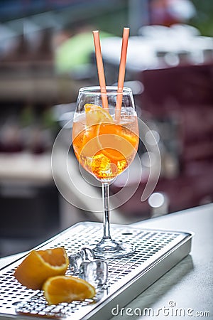 Aperol spritz drink on bar counter in pub or restaurant Stock Photo