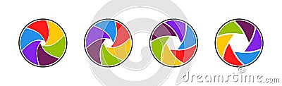 Aperture, camera and shutter icons. Logo of lens for photography. Color circles for photo. Modern rainbow wheels for studio. Vector Illustration