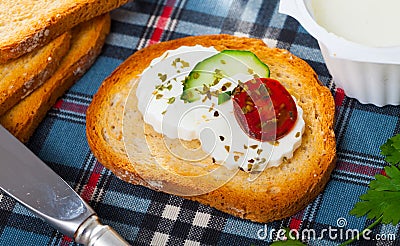 Apetizing canape with young white cheese Stock Photo