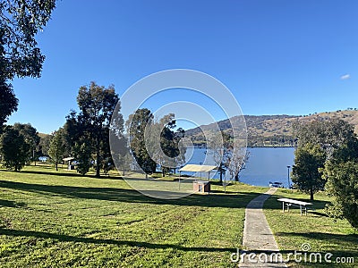 The Apex Park is a popular parkland located on Lake Hume, is known as The Pines, The image at Albury, Australia. Stock Photo