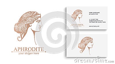 Aphrodite or Venus. Woman face logo. Emblem for a beauty or yoga salon. Style of harmony and beauty. Vector illustration Cartoon Illustration