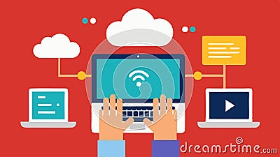 API Development A closeup illustration of hands coding on a laptop with a visual representation of APIs connecting Cartoon Illustration