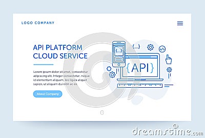 API platform illustration. Web banner. Blue flat line style. Home page concept. UI design mockup. Vector Illustration