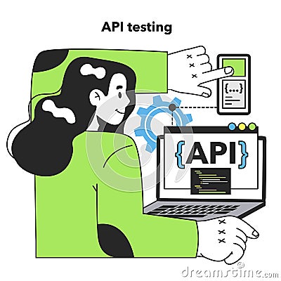API testing. Software testing methodology. IT specialist searching Vector Illustration