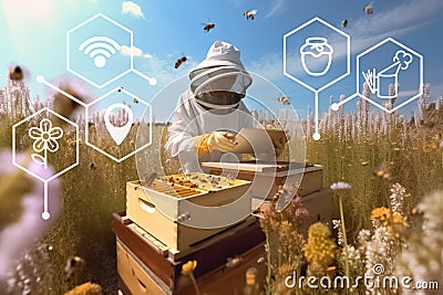 Apiarist works in apiary, beehives on field with flowers and wildflowers, illustration and augmented reality. Generative AI Cartoon Illustration