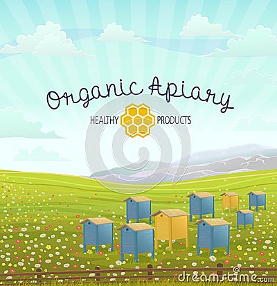 Apiary in alpine meadows mountains. Honey Farm. Vector Illustration