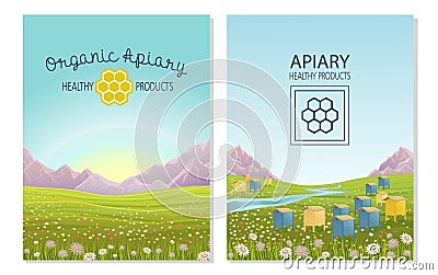 Apiary in alpine meadows mountains. Honey Farm. Vector Illustration