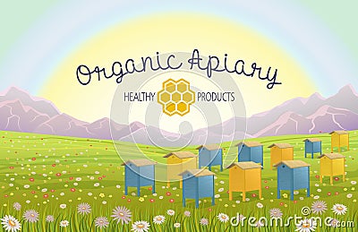 Apiary in alpine meadows mountains. Honey Farm. Stock Photo