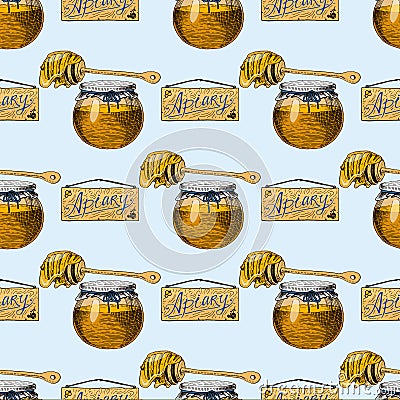 Apiary bee vector hand drawn vintage honey making farmer beekeeper illustration nature product seamless pattern Vector Illustration