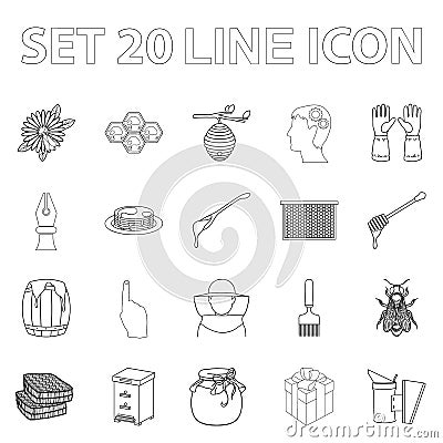 Apiary and beekeeping outline icons in set collection for design.Equipment and production of honey vector symbol stock Vector Illustration