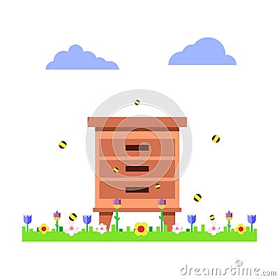 Apiary with bees Cartoon Illustration