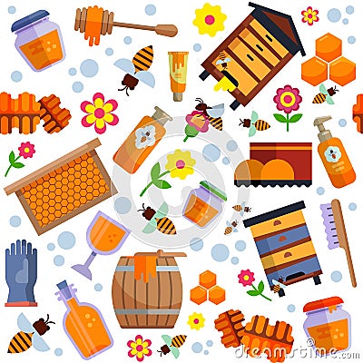 Apiary honey farm production seamless pattern vector illustration. Bee, honeycomb, hive, natural healthy sweet food Vector Illustration