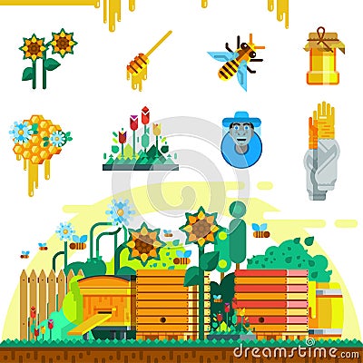 Apiary Icons Set Vector Illustration