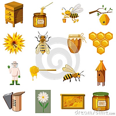 Apiary icons set, cartoon style Vector Illustration