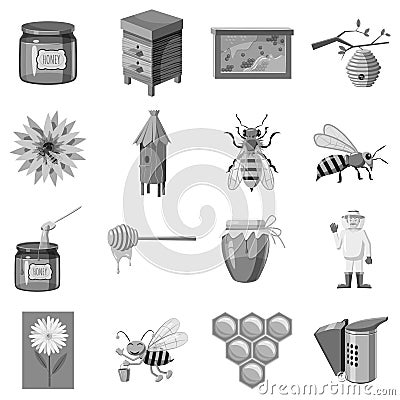 Apiary icons set, gray monochrome style Vector Illustration