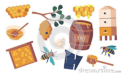Apiary Items Set. Smoker, Hive, Barrel, Queen And Bee, Honey Dipper Or Frame. These Essential Tools Vector Illustration Vector Illustration