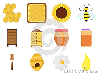 Apiary set isolated on white background in flat style. Beekeeping icons: jar of natural organic sweet honey, beeswax Vector Illustration