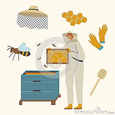 Apiculture, Honey Production, Beekeeping. Beekeeper Character in Protective Suit Caring of Bees Taking Frame with Honey Vector Illustration