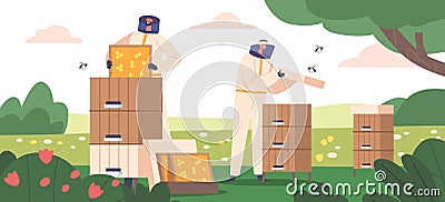 Apiculture, Honey Production, Beekeeping Concept with Beekeeper Characters in Protective Suits Care of Bees Taking Frame Vector Illustration