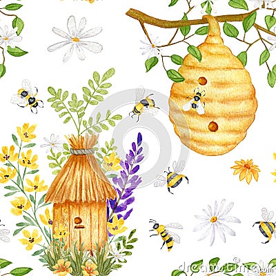 Apiculture. Watercolor pattern with bees and beehive on a tree on a dark blue background. Design for wallpaper, textiles Stock Photo