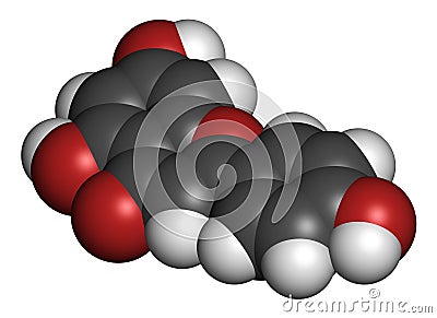 Apigenin yellow herbal dye molecule. 3D rendering. Atoms are represented as spheres with conventional color coding: hydrogen . Stock Photo