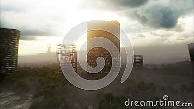 Apocalypse city in fog. Aerial View of the destroyed city. Apocalypse concept. Super realistic 4k animation. Apocalypse city in fog. Aerial View of the Apocalypse city in fog. Aerial View of the destroyed city. Apocalypse concept. Super realistic 4k animation. Apocalypse city in fog. Aerial View of the
