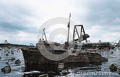 Apocalypse sea view. Destroyed bridge. Armageddon concept. 3d rendering. Stock Photo