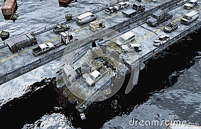 Apocalypse sea view. Destroyed bridge. Armageddon concept. 3d rendering. Stock Photo