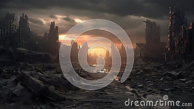 Apocalypse survivor concept, Ruins of a city. Apocalyptic landscape. Generative AI Stock Photo
