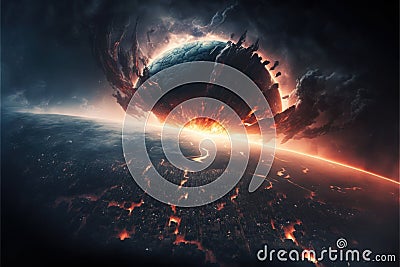 Apocalypse view from space. Comet crushing Earth. Fantasy style colorful beautiful picture. Generative AI Stock Photo