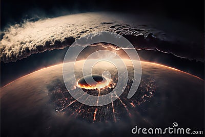 Apocalypse view from space. Comet crushing Earth. Fantasy style colorful beautiful picture. Generative AI Stock Photo