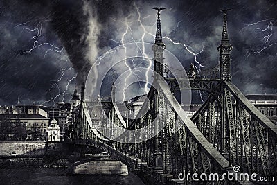 Apocalyptic Budapest cityscape with tornado, heavy rain and lighting. Digital illustration Cartoon Illustration