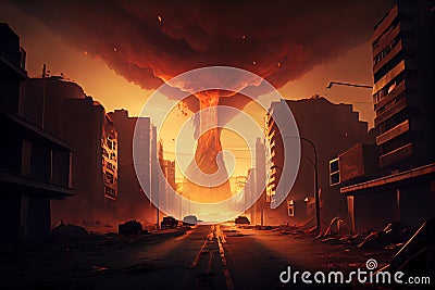 Apocalyptic city landscape with destroyed building on fire. Cityscape with burn street houses and smoke. Fire in town Cartoon Illustration