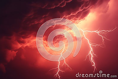 Apocalyptic dramatic background - bright lighnings in dark red stormy sky Stock Photo