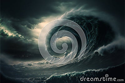 Apocalyptic dramatic giant tsunami waves, nature, sea & ocean Cartoon Illustration