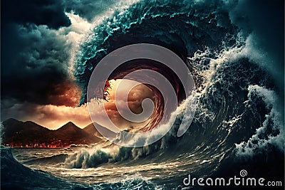 Apocalyptic dramatic giant tsunami waves, nature, sea & ocean Cartoon Illustration