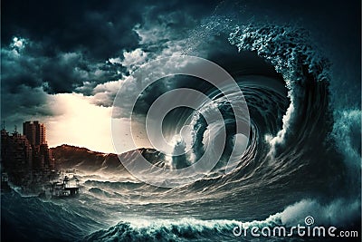 Apocalyptic dramatic giant tsunami waves, nature, sea & ocean Cartoon Illustration