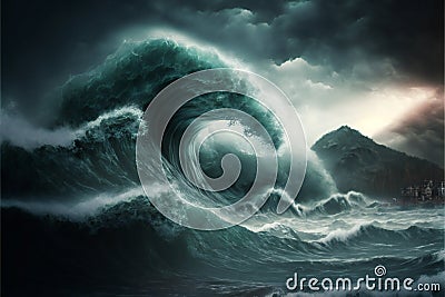 Apocalyptic dramatic giant tsunami waves, nature, sea & ocean Cartoon Illustration