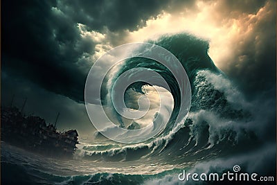Apocalyptic dramatic giant tsunami waves, nature, sea & ocean Cartoon Illustration