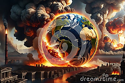 Apocalyptic Scene: Earth Engulfed in a Maelstrom of Flames, Towering Inferno Consuming Continents Stock Photo