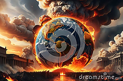 Apocalyptic Scene: Earth Engulfed in a Maelstrom of Flames, Towering Inferno Consuming Continents Stock Photo