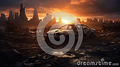 Apocalyptic Sunset Over Destroyed City with Car Wreck. Generative ai Cartoon Illustration