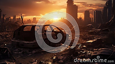 Apocalyptic Sunset Over Destroyed City with Car Wreck. Generative ai Cartoon Illustration