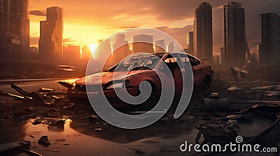 Apocalyptic Sunset Over Destroyed City with Car Wreck. Generative ai Cartoon Illustration