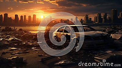 Apocalyptic Sunset Over Destroyed City with Car Wreck. Generative ai Cartoon Illustration