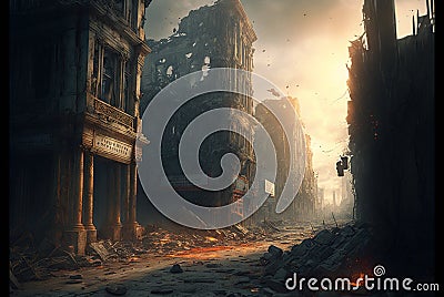Apocalyptic view of destroyed city buildings, post apocalypse after world war, generative AI Stock Photo