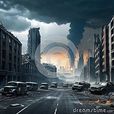 Apocalyptic view of destroyed post apocalypse after Cartoon Illustration