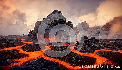 Apocalyptic volcanic landscape with hot flowing lava and smoke and ash clouds. 3D illustration Stock Photo