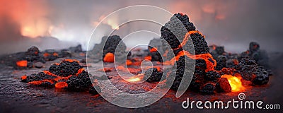 Apocalyptic volcanic landscape with hot flowing lava and smoke and ash clouds. 3D illustration Stock Photo