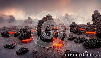 Apocalyptic volcanic landscape with hot flowing lava and smoke and ash clouds. 3D illustration Stock Photo